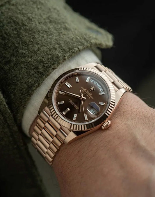 Rolex Chocolate Brown Baguette Diamond Dial-Rose Gold
