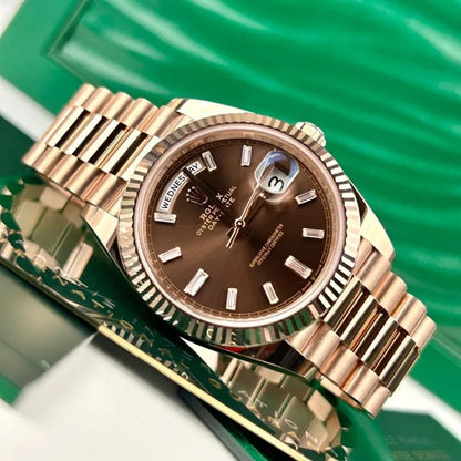 Rolex Chocolate Brown Baguette Diamond Dial-Rose Gold