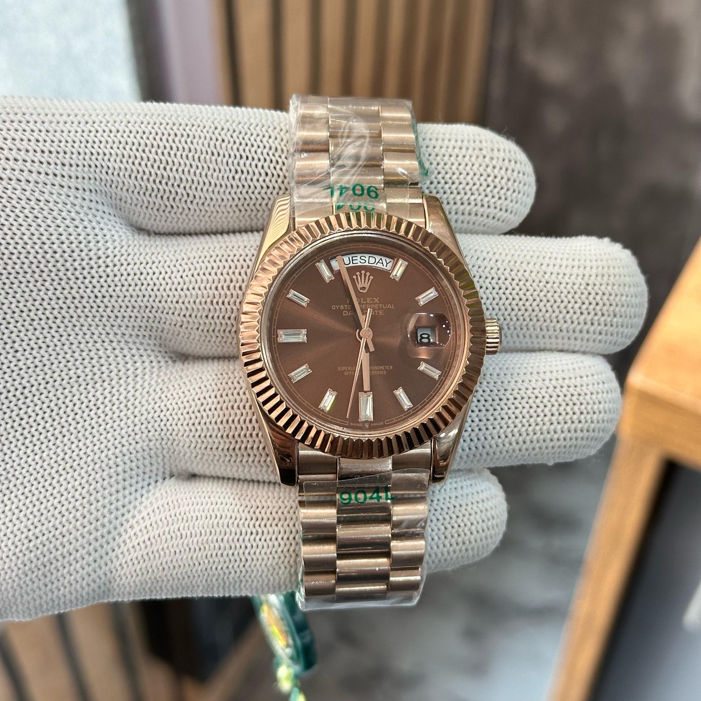 Rolex Chocolate Brown Baguette Diamond Dial-Rose Gold