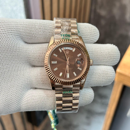 Rolex Chocolate Brown Baguette Diamond Dial-Rose Gold