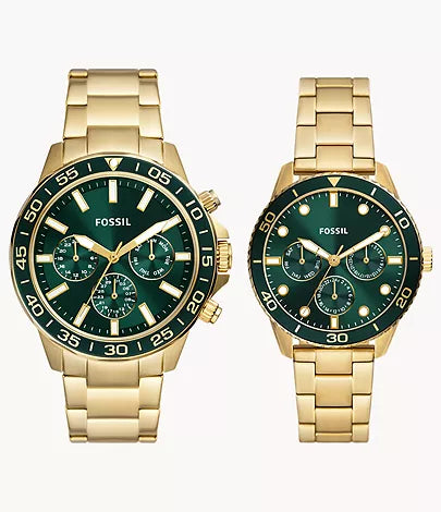 His and Hers Multifunction Gold-Tone Stainless Steel Watch Set