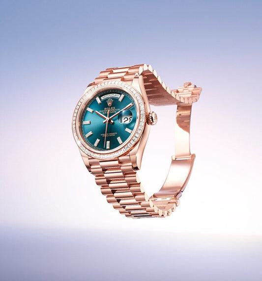 Rolex Day-Date Rose Gold Blue Dial Diamond Bezel